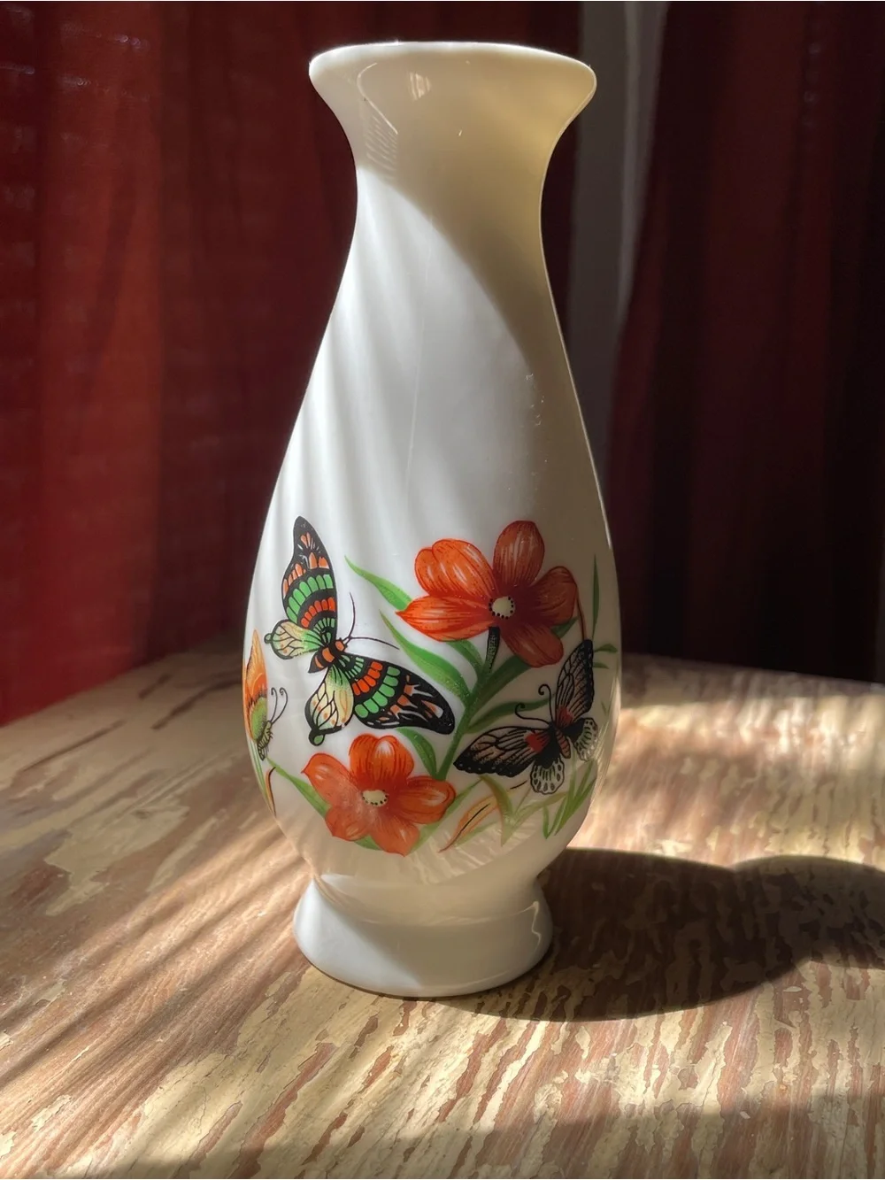 Vintage Ceramic Bud Vase with Orange Flowers and Butterflies